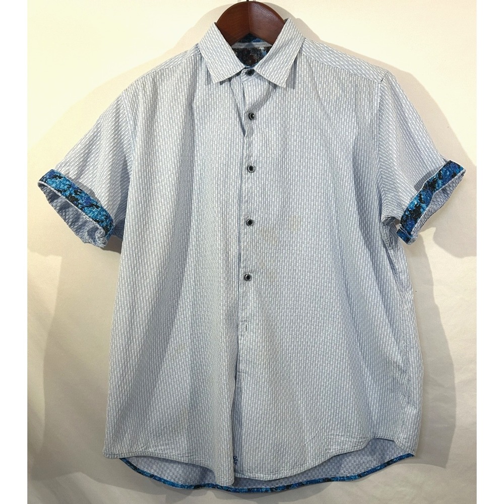 Robert Graham Men's Blue Seersucker Short Sleeve Flip Cuff Button Up Shirt Sz L
